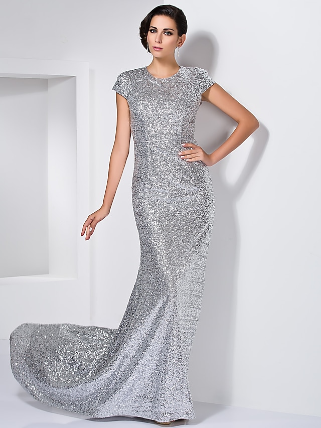  Sheath / Column Open Back Dress Formal Evening Sweep / Brush Train Short Sleeve Jewel Neck Sequined with Sequin 2023