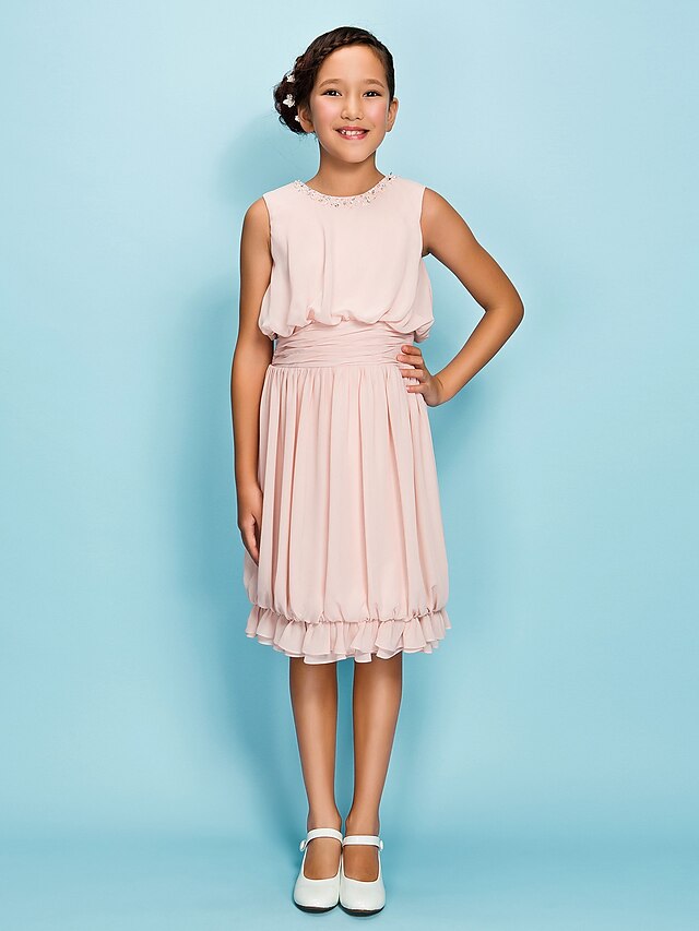  Strak / kolom Met sieraad Tot de knie Chiffon Junior bruidsmeisjesjurk met Kralen / Drapering / Geplooid door LAN TING BRIDE® / Lente / Zomer / Herfst / Appel / Zandloper