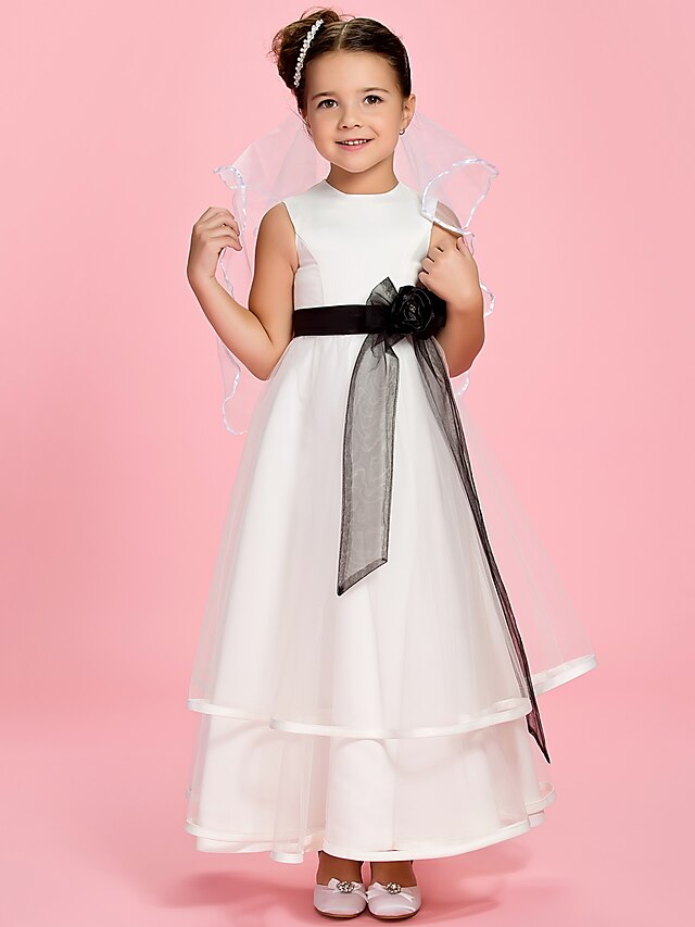  A-Line / Princess Ankle Length Flower Girl Dress - Satin / Tulle Sleeveless Jewel Neck with Sash / Ribbon / Flower by LAN TING BRIDE®