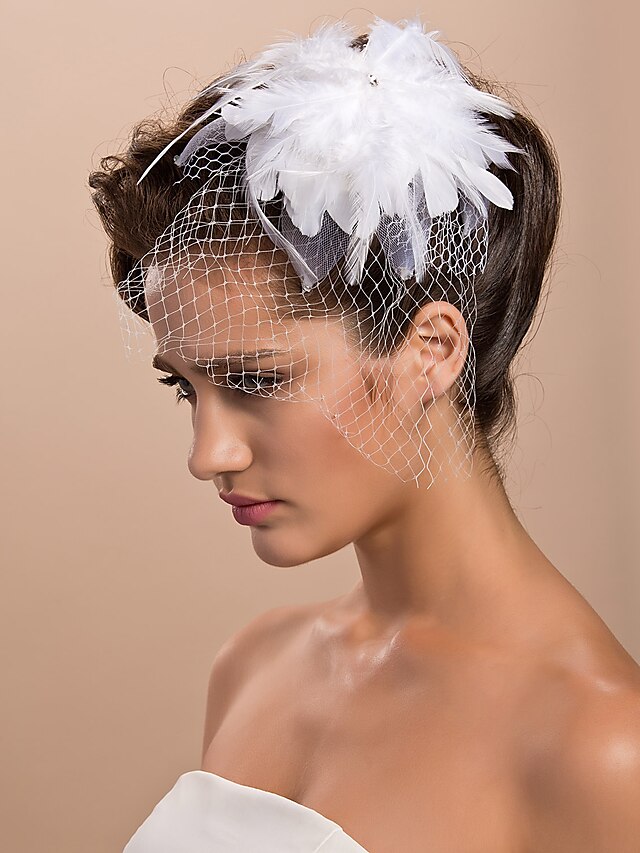  Cut Edge Tulle Blusher Veils / Hats / Birdcage Veils with Feather 1pc Engagement Party Headpiece