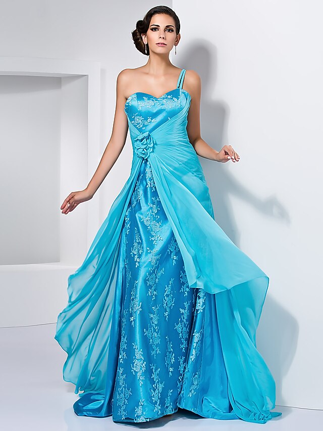  A-Line One Shoulder Sweep / Brush Train Chiffon / Stretch Satin Dress with Embroidery / Ruched / Flower by TS Couture®