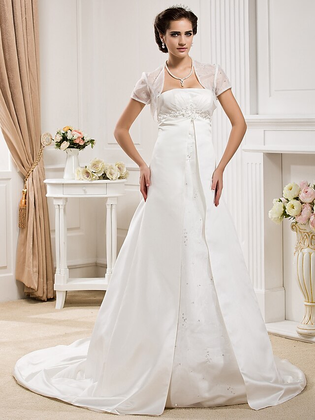  Hall Wedding Dresses A-Line Strapless Sleeveless Court Train Satin Bridal Gowns With 2024