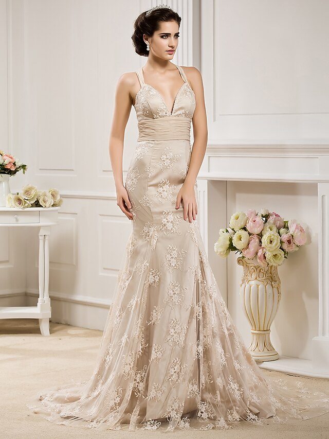  A sirena Abiti da sposa A cuore Strascico a terra Chiffon Di pizzo Cinghie Regolari Abiti sposa colorati con Fiocco Fascia / fiocco in vita 2020