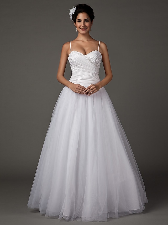 A-Line Wedding Dresses Sweetheart Neckline Spaghetti Strap Floor Length Taffeta Tulle Sleeveless with 2022