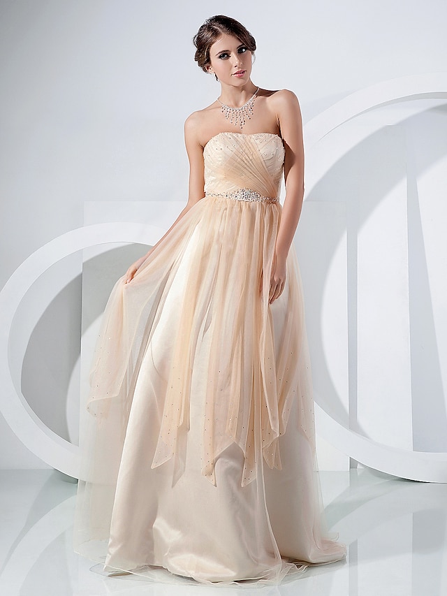  Ball Gown Elegant Dress Prom Formal Evening Floor Length Sleeveless Strapless Tulle with Criss Cross Beading Draping 2023