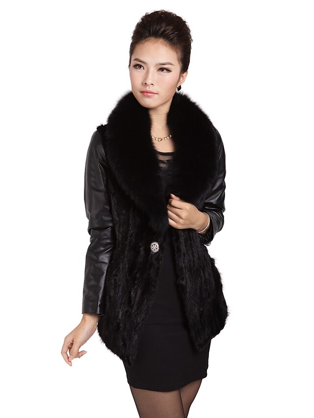  Charming Long Sleeve Fox Fur Collar Mink Fur Bottom Hem Evening/Casual Lambskin Leather Jacket