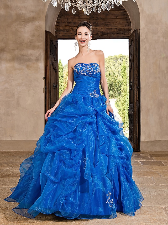  Ball Gown Vintage Inspired Quinceanera Formal Evening Dress Strapless Sleeveless Floor Length Organza with Beading Cascading Ruffles 2021