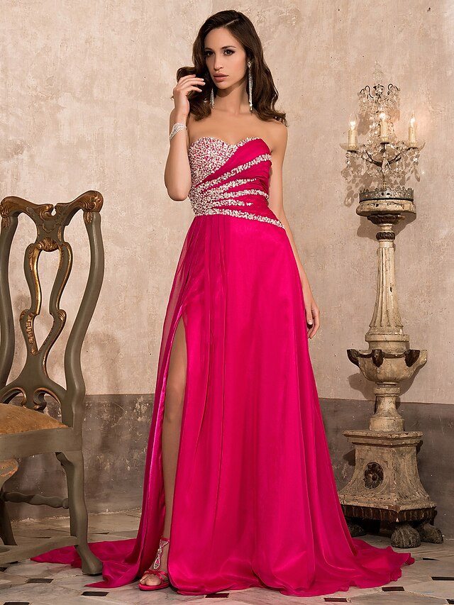  A-Line Sweetheart Neckline Court Train Chiffon Open Back Cocktail Party / Formal Evening Dress with Beading / Split Front by TS Couture®