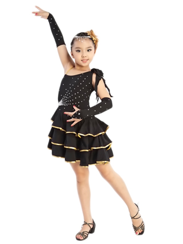  Dancewear Viscose With Rhinestone 3 Tiers Performance Latin Dance Dress For Children More Colors