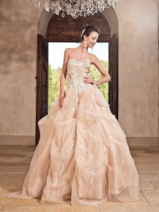  De Baile Decote Princesa Longo Organza / Cetim Inspiração Vintage Evento Formal Vestido com Apliques / Saia com Pregas em Cascata / Faixa / Fita de TS Couture®