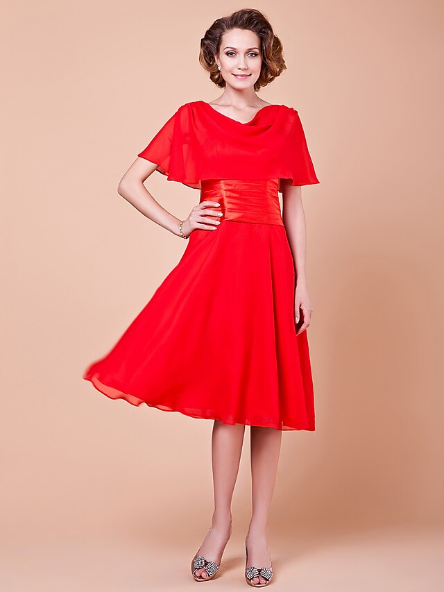  A-Line Cowl Neck Knee Length Chiffon Mother of the Bride Dress with Buttons / Ruched by LAN TING BRIDE®