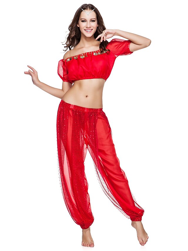  Dancewear Chiffon With Beading Belly Top And Pant for Ladies More Colors