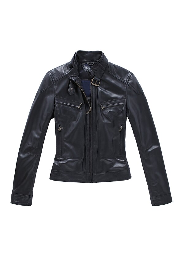  Long Sleeve Standing Collar Office/Casual Lambskin Leather Jacket