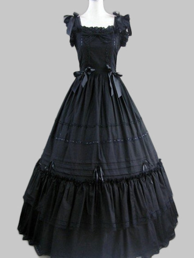  Prinsesse Gothic Lolita Ruffle Dress feriekjole Kjoler Ballkjole Dame Jente Satin Bomull Japansk Cosplay-kostymer Svart Vintage Kappeerme Lang Lengde