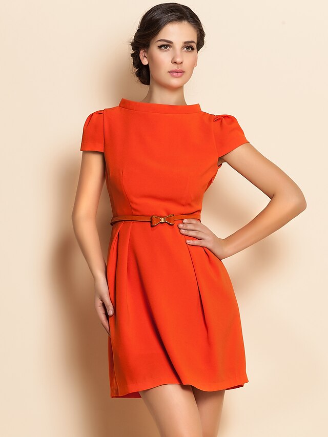  TS Simplicity Stand Collar Puff Sleeve Belt Dress