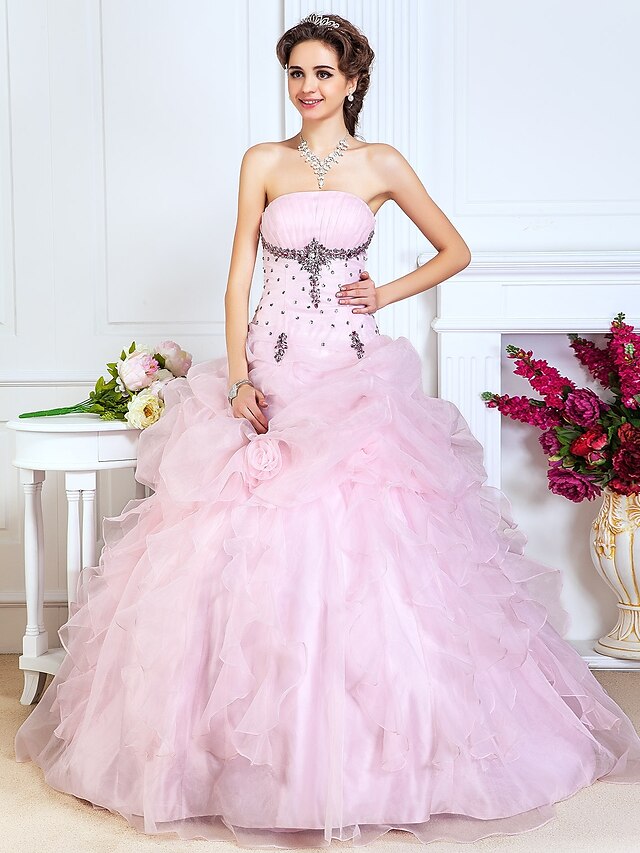 Ball Gown Strapless Floor Length Organza Open Back Prom / Formal Evening Dress with Beading / Pick Up Skirt / Cascading Ruffles by TS Couture®