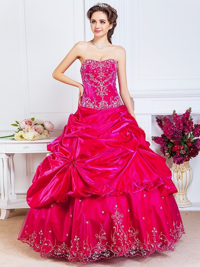  Ball Gown Vintage Inspired Quinceanera Prom Formal Evening Dress Strapless Sweetheart Neckline Sleeveless Floor Length Satin with Pick Up Skirt Beading Embroidery 2020