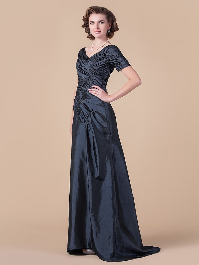  A-lijn Moeder van de bruid jurk Geïnspireerd door vintage V-hals Tot de grond Taft Korte mouw Neen met Kruiselings 2024