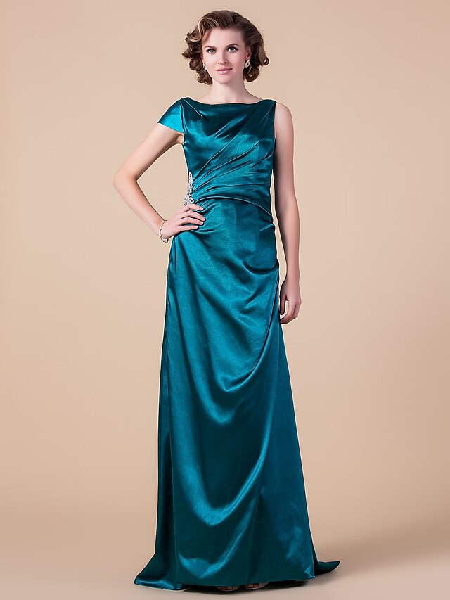  Sheath / Column Bateau Neck Floor Length Stretch Satin Mother of the Bride Dress 617 Beading Side Draping by