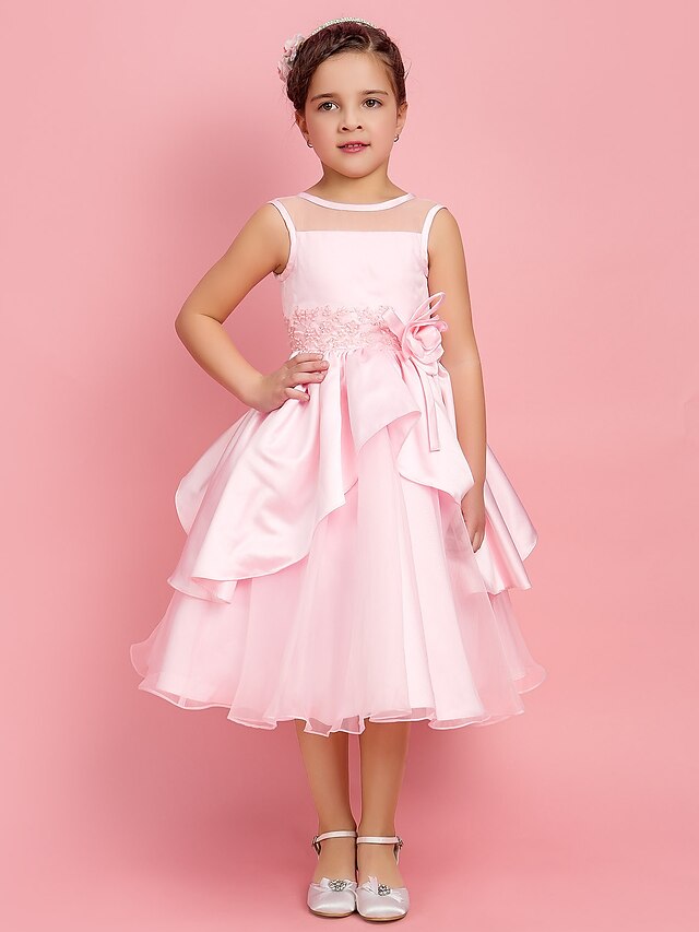  A-Line / Ball Gown / Princess Tea Length Flower Girl Dress - Organza / Satin Sleeveless Jewel Neck with Beading / Bow(s) / Flower by LAN TING BRIDE® / Spring / Fall / Winter / Wedding Party