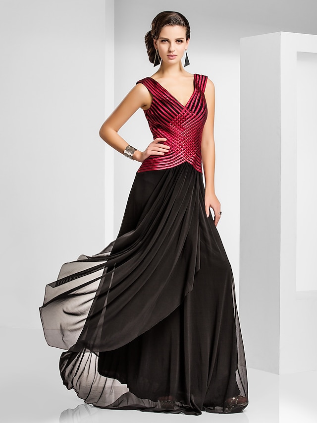  Tubinho Color Block Elegante Evento Formal Festa de Gala Black-Tie Vestido Decote V Sem Manga Cauda Escova Tule com Cruzado Pregas 2020