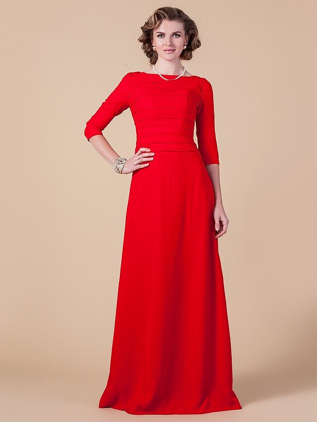  Sheath / Column Mother of the Bride Dress Vintage Inspired Bateau Neck Floor Length Chiffon 3/4 Length Sleeve with Ruched 2022