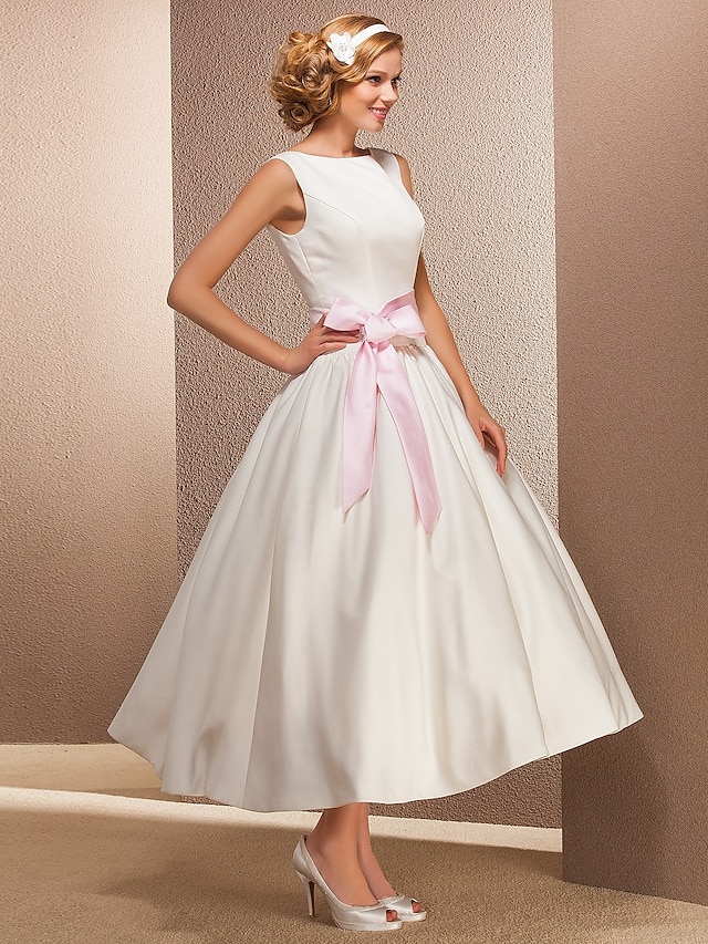  Little White Dresses Wedding Dresses Tea Length A-Line Regular Straps Bateau Neck Satin With Draping 2023 Fall Bridal Gowns