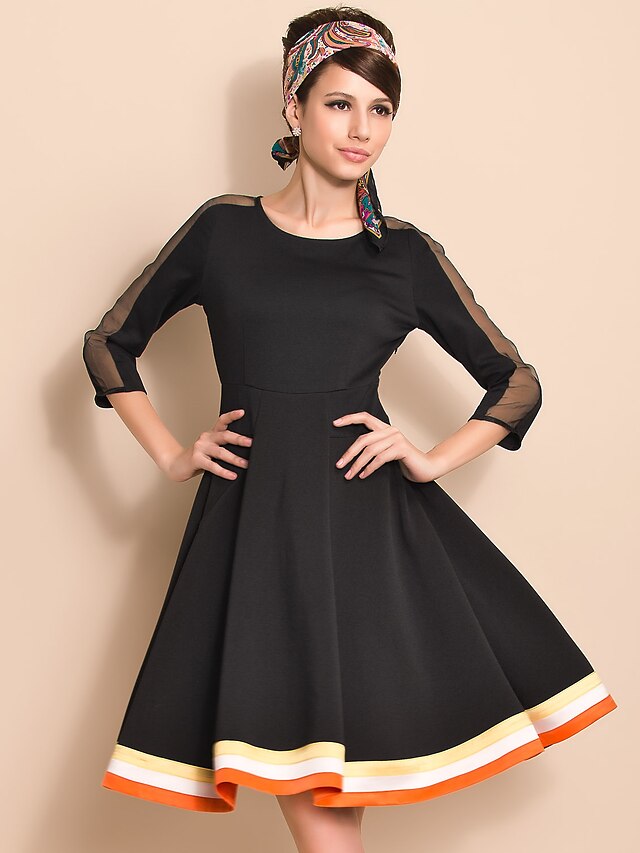  TS Organza Sleeve Contrast Color Swing Dress