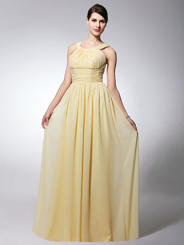  Sheath / Column Bridesmaid Dress Straps Sleeveless All Celebrity Styles Floor Length Chiffon with Pleats / Ruched / Draping 2022 / Open Back