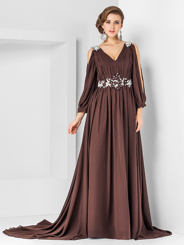  A-Linie Elegant Kleid Formeller Abend Bodenlanger Rock Langarm V Ausschnitt Chiffon V Zurück mit Plissee Applikationen 2023