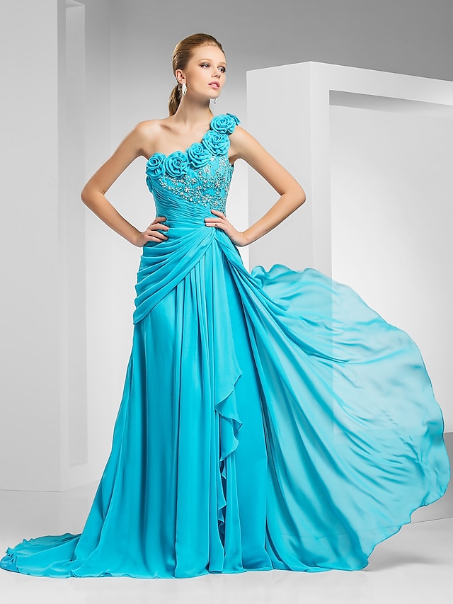  A-Line Elegant Dress Formal Evening Military Ball Court Train Sleeveless One Shoulder Chiffon with Beading Appliques Flower 2023
