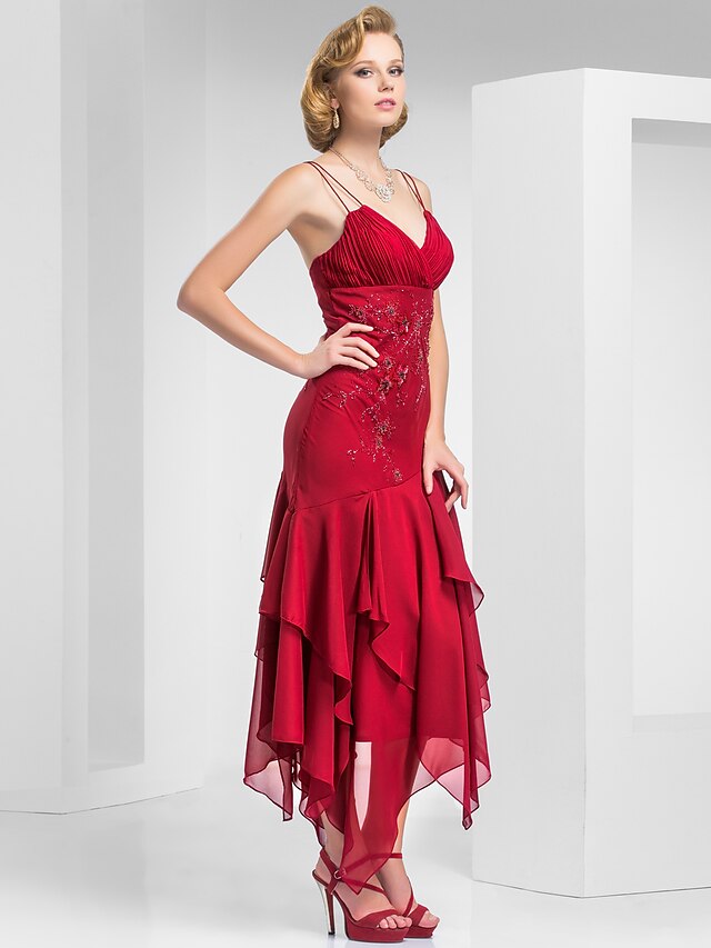  Sheath / Column Spaghetti Strap Tea Length Chiffon Dress with Beading / Criss Cross by TS Couture®
