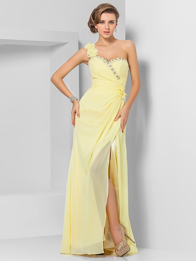  Sheath / Column Floral Wedding Guest Prom Dress One Shoulder Sleeveless Floor Length Chiffon with Crystals Slit Appliques 2022