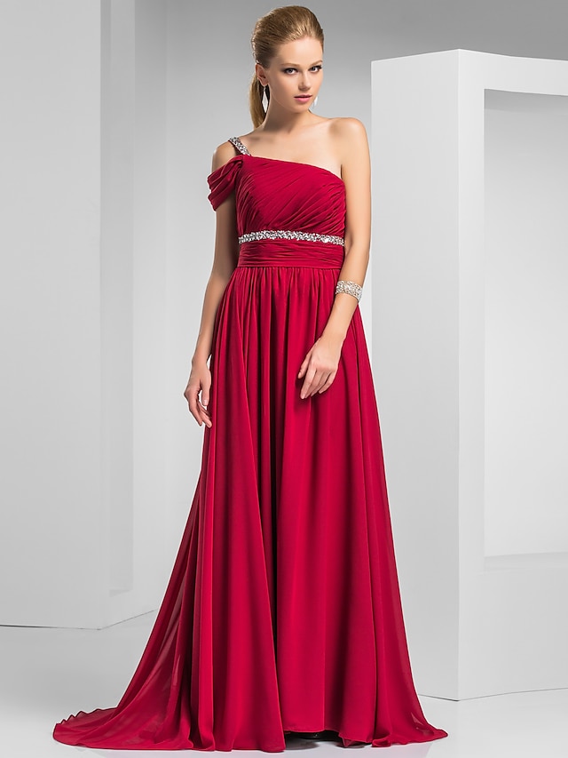  Sheath / Column Elegant Prom Formal Evening Dress One Shoulder Short Sleeve Sweep / Brush Train Chiffon with Ruched Beading 2022