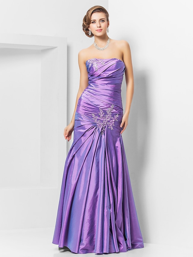  A sirena Elegante Vestito Graduazione Serata formale Lungo Senza maniche Senza bretelline Taffetà con Con applique 2024