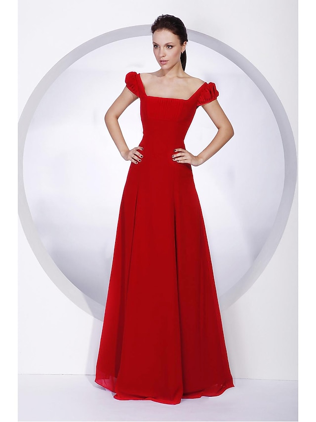  Ball Gown / A-Line Bridesmaid Dress Off Shoulder Short Sleeve Elegant Floor Length Chiffon with Sash / Ribbon / Pleats 2022
