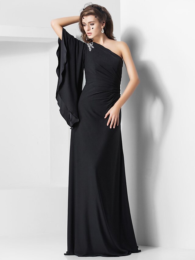  Sheath / Column One Shoulder Floor Length Jersey Celebrity Style Formal Evening Dress with Beading / Side Draping by TS Couture®