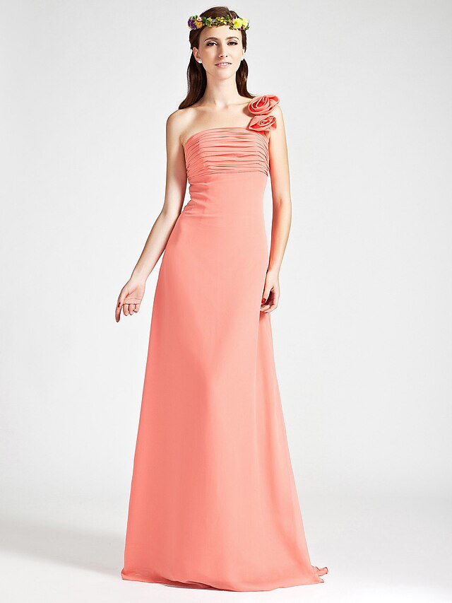  Princess / A-Line Bridesmaid Dress One Shoulder Sleeveless Floor Length Chiffon with Ruched / Flower 2022