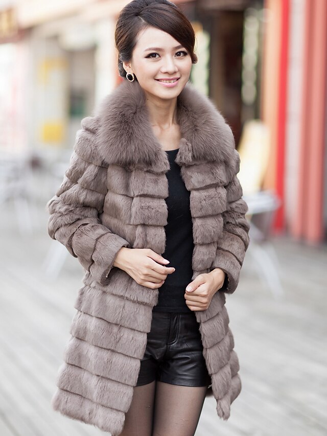  Elegant Langærmet Fox Fur Collar Evening Rabbit Fur Coat (Flere farver)