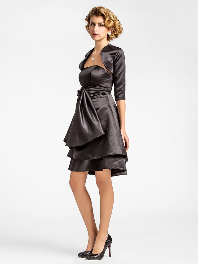  A-Line Mother of the Bride Dress Wrap Included Strapless Knee Length Satin Half Sleeve with Bow(s) Flower 2023