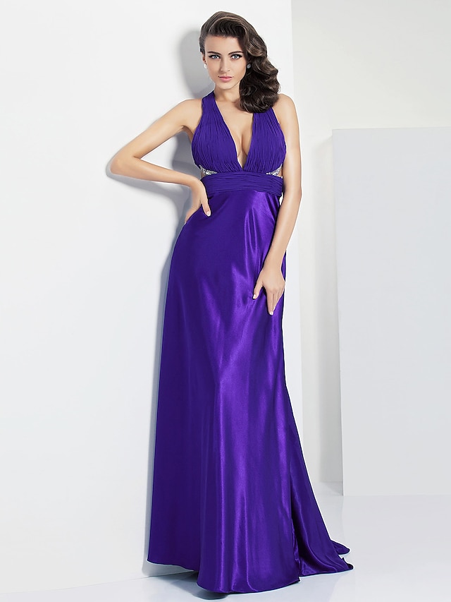  Sheath / Column Beautiful Back Dress Prom Formal Evening Floor Length Sleeveless Plunging Neck Chiffon with Ruched Beading 2023