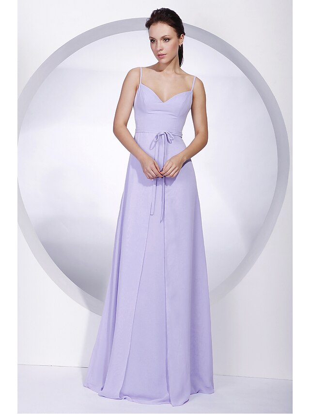  A-Line Bridesmaid Dress Spaghetti Strap Sleeveless Elegant Floor Length Chiffon with Sash / Ribbon / Bow(s) 2022