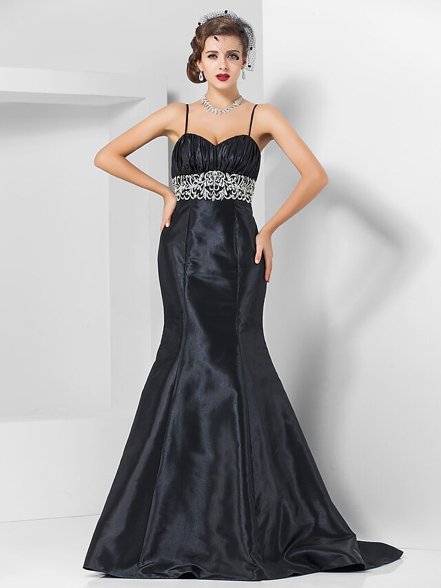  Mermaid / Trumpet Spaghetti Strap / Sweetheart Neckline Sweep / Brush Train Taffeta Formal Evening Dress with Draping / Embroidery by TS Couture®