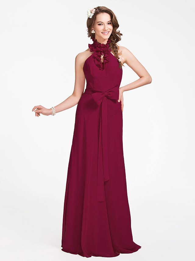  Sheath / Column Halter Neck / High Neck Floor Length Chiffon Bridesmaid Dress with Sash / Ribbon / Bow(s) / Ruffles