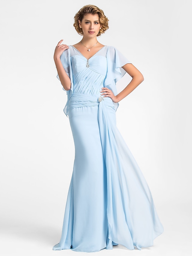  Mermaid / Trumpet Mother of the Bride Dress Vintage Inspired V Neck Floor Length Chiffon Short Sleeve with Beading Side Draping Crystal Brooch 2021 / Butterfly Sleeve