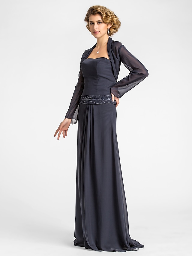  A-Line Mother of the Bride Dress Wrap Included Strapless Floor Length Chiffon Long Sleeve with Beading Draping 2024