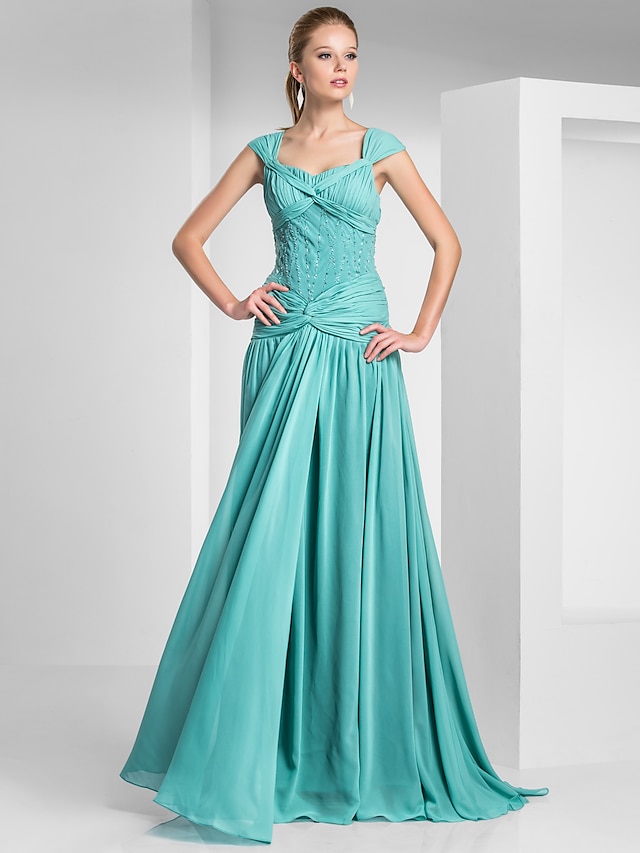  Sheath / Column Dress Prom Formal Evening Floor Length Sleeveless Straps Chiffon with Criss Cross Beading Draping 2024