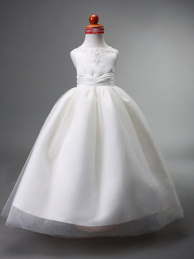  Ball Gown Floor Length Flower Girl Dress - Satin / Tulle Sleeveless Straps with Beading / Appliques / Draping by LAN TING BRIDE®