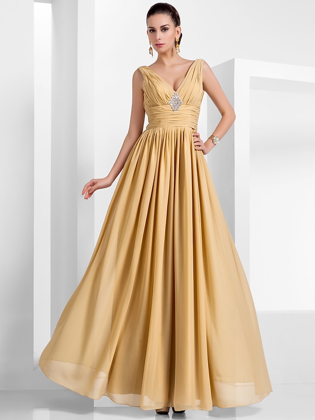  A-Line Empire Dress Wedding Guest Formal Evening Floor Length Sleeveless V Neck Chiffon with Pleats Crystals 2023