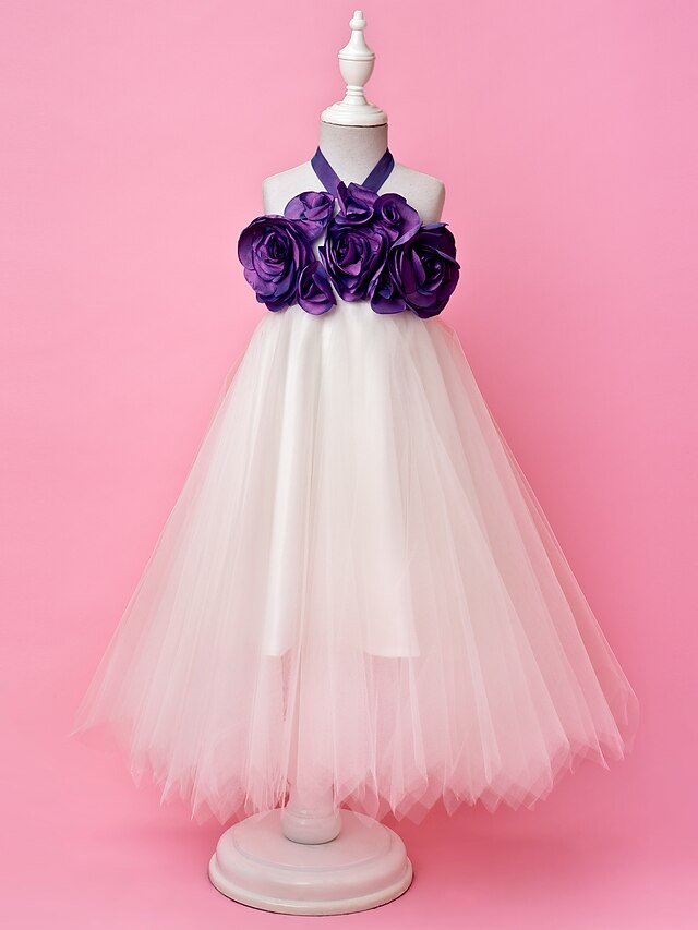  A-Line / Princess Floor Length Flower Girl Dress - Taffeta / Tulle Sleeveless Halter Neck with Draping / Flower by LAN TING BRIDE®